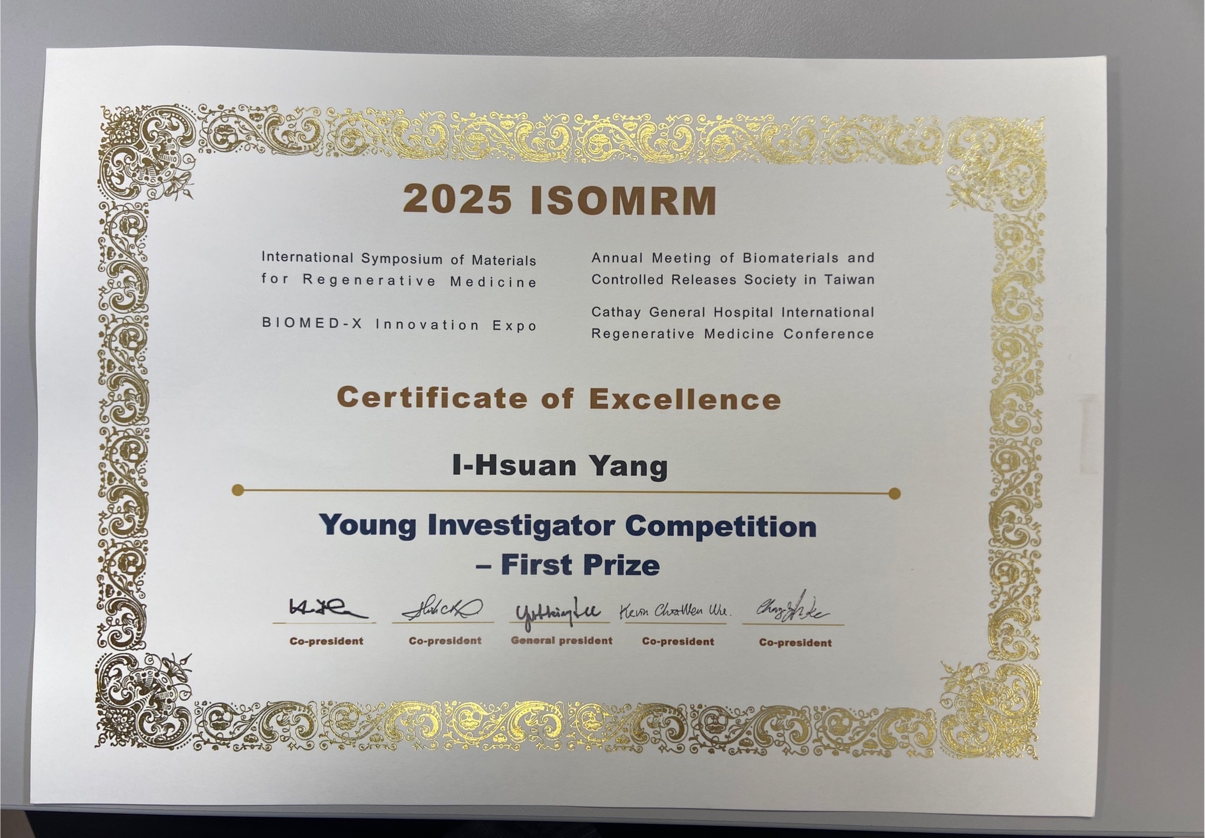 楊易軒老師榮獲  2025國際再生醫學材料應用研討會 (2025 ISOMRM) 年輕學者競賽Young Investigator Competition - First Prize